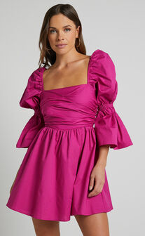 Adria Mini Dress - Long Puff Sleeve Square Neck Dress in Berry