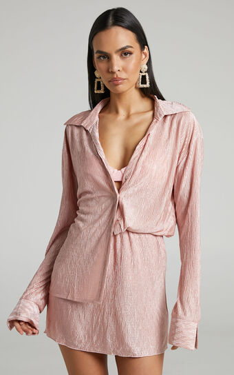 Rosamund Relaxed Button Up Crinkle Shirt in Dusty Pink