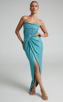 Adrie Strapless Corset Bodice Maxi Dress in Turquoise