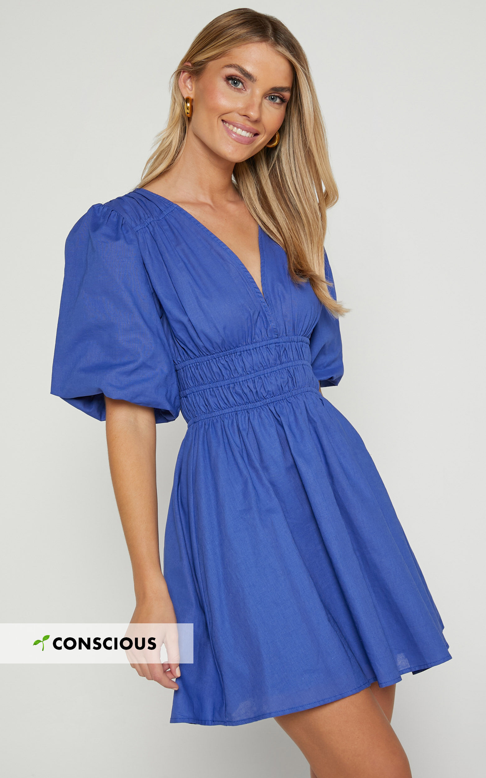 Francesca V Neck Puff Sleeves Mini Dress in Cornflower Blue - 04, BLU1