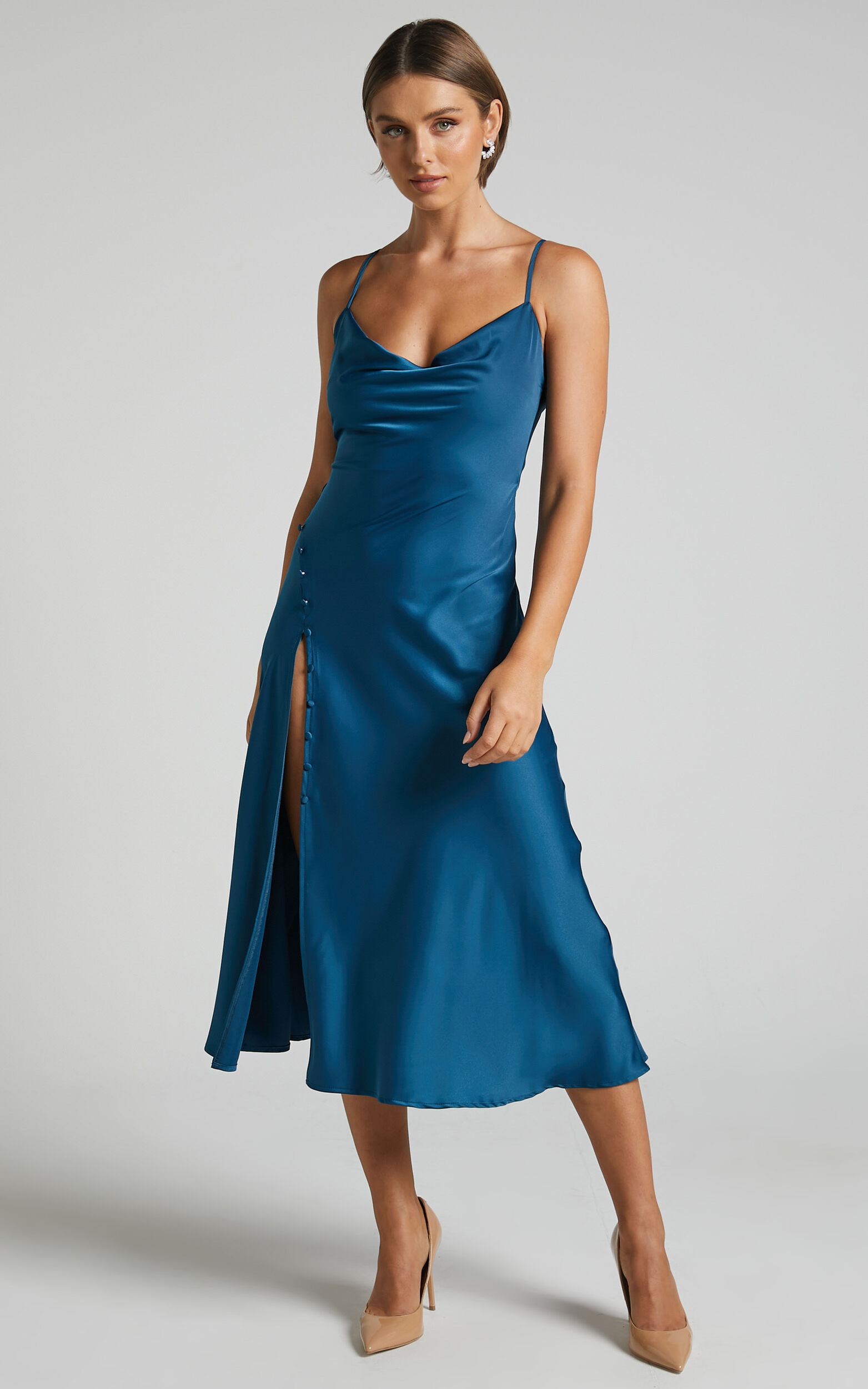Flordeliza Midi Dress - Cowl Neck Thigh Slit Slip Dress in Steel Blue ...