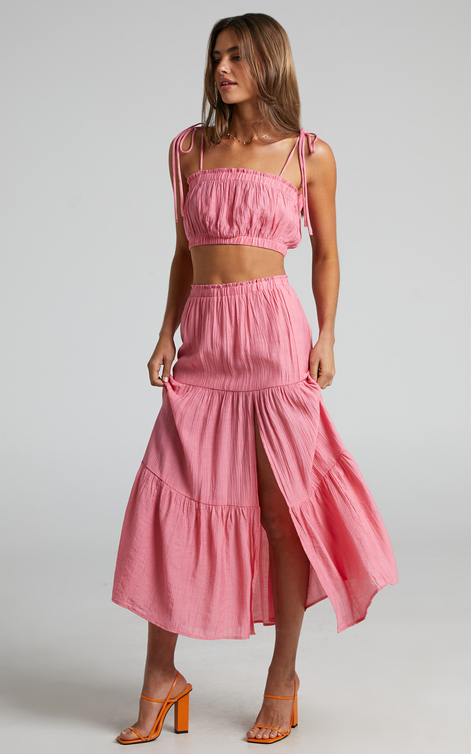 Mariah Tie Strap Crop Top and Tiered Midi Skirt Two Piece Set in Pink - 04, PNK1, super-hi-res image number null