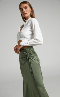 Zaylin Midi Skirt - Ruched Side Satin Slip Skirt in Olive