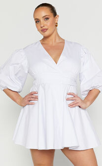 Zyla Mini Dress - Puff Sleeve Wrap Dress in White