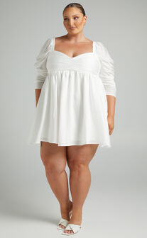 Gina Gathered Bodice Long Sleeves Mini Dress in White