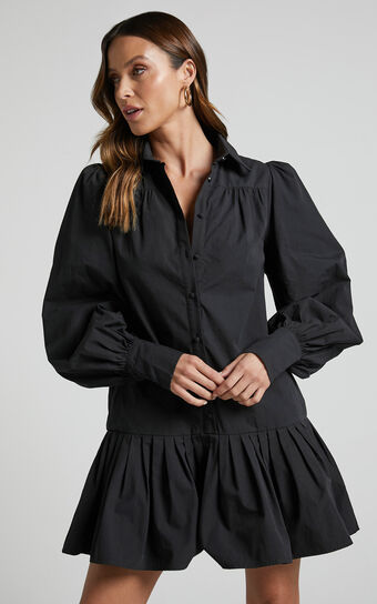Brydie Blouson Sleeve Pleat Hem Shift Shirt Dress in Black