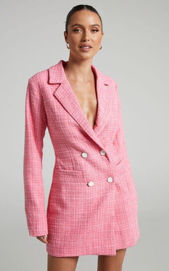 Bjorn Mini Dress - Double Breasted Boucle Tweed Blazer Dress in Hot Pink