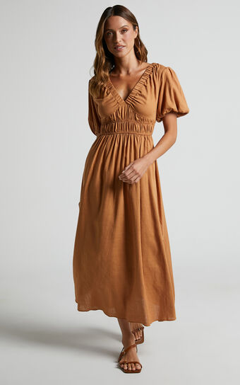 Lorella Midi Dress - Puff Sleeve Plunge Neck Dress in Butterscotch