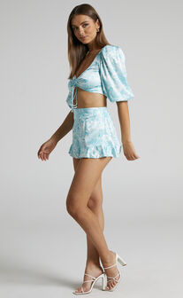 Fabrizia Drawstring Crop Top and Flounce Shorts Two Piece Set in Blue Lagoon