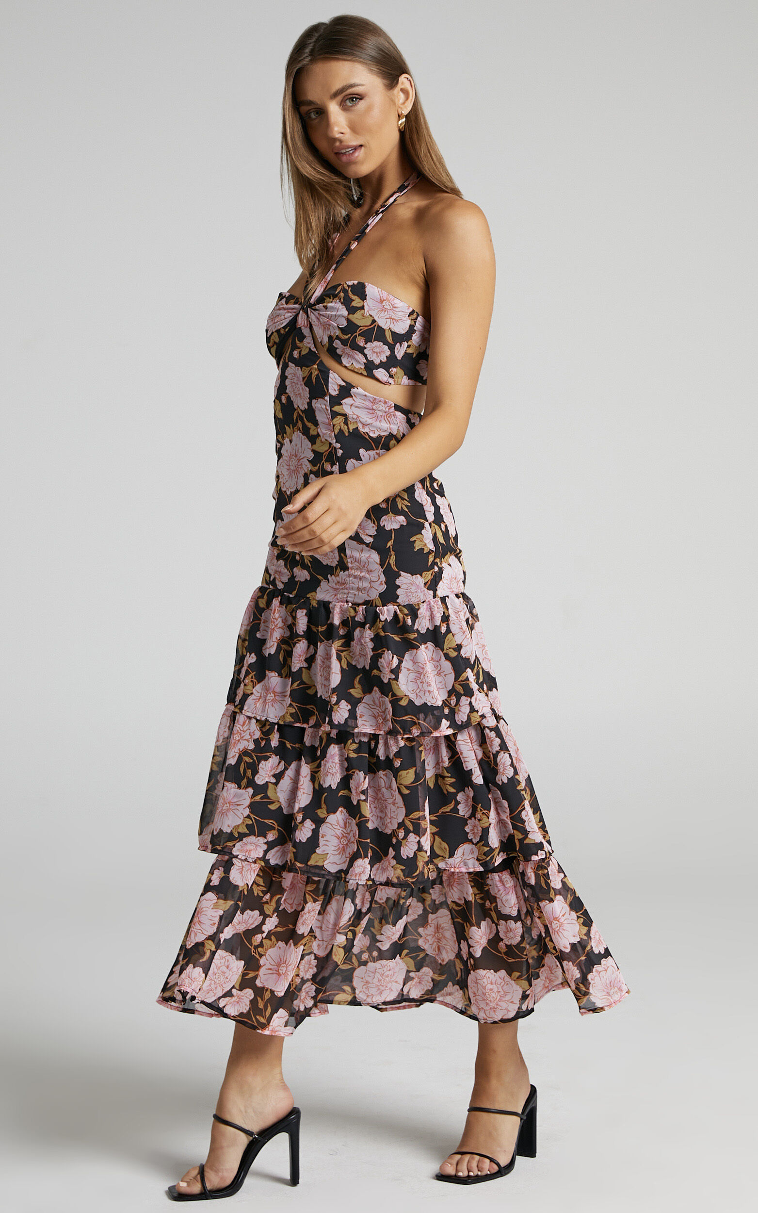 Cherrie Halter Neck Cut Out Tiered Midi Dress in Romantic Floral - 06, BLK1, super-hi-res image number null