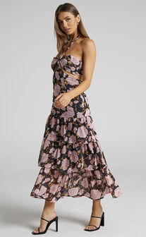 Cherrie Halter Neck Cut Out Tiered Midi Dress in Romantic Floral