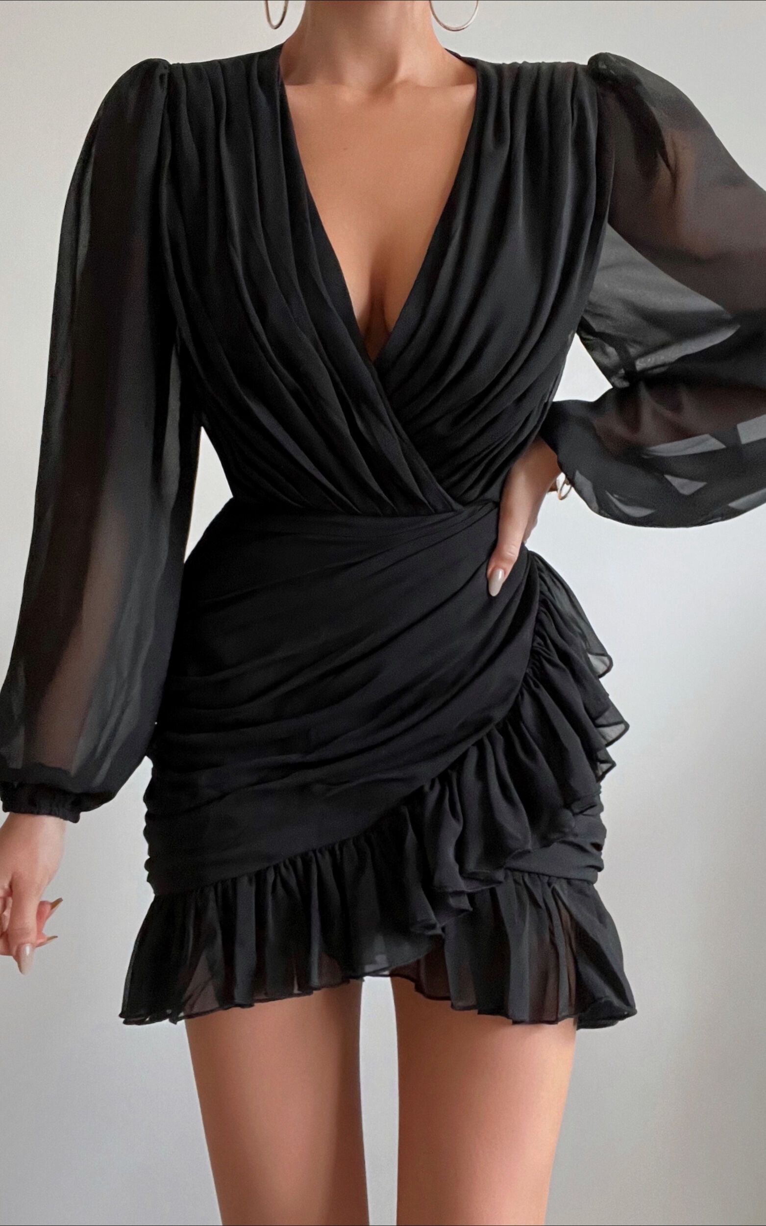 Can I Be Your Honey Mini Dress - Plunge Balloon Sleeve Dress in Black - 06, BLK1