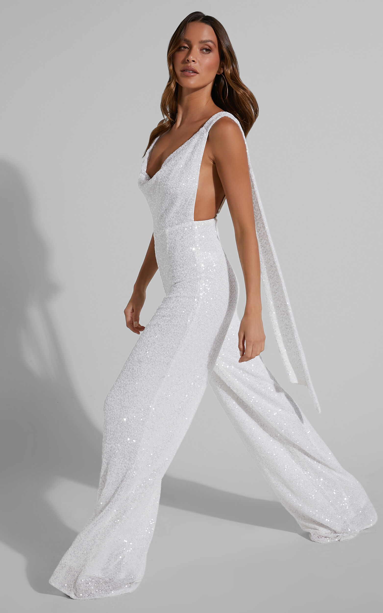 Malisha Cowl Neck Backless Jumpsuit in White Sequin - 06, WHT1, super-hi-res image number null