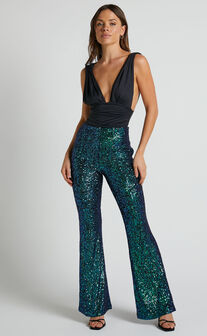 Deliza Mid Waisted Sequin Flare Pants in Mermaid Teal