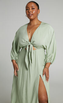 Tyricia Long Sleeve Tie Front Cut Out Midi Dress in Sage
