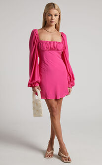 Jadiah Ruched Bust Long Sleeve Mini Dress in Hot Pink
