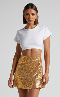 Elswyth Side Split Sequin Mini Skirt in Gold