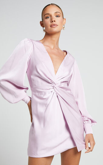 Billie Mini Dress - Twist Front Long Puff Sleeves Dress in Icy Pink