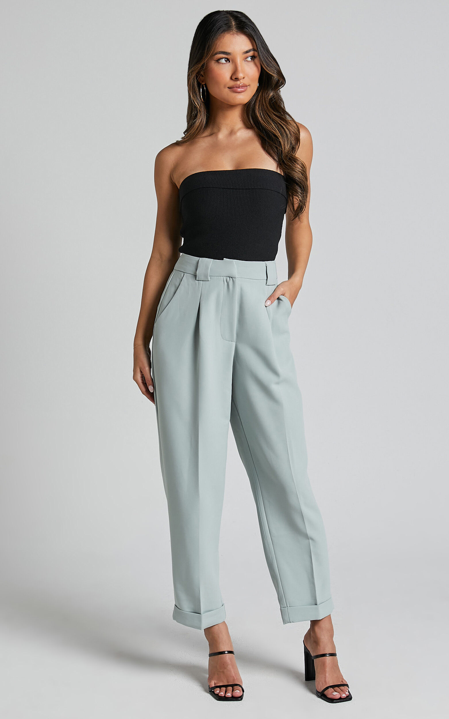 Bethanie Pants - Mid Rise Tailored Cuffed Relaxed Pants in Sage - 06, GRN1