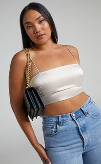 Blessy Strappy Fitted Satin Crop Top in Cream