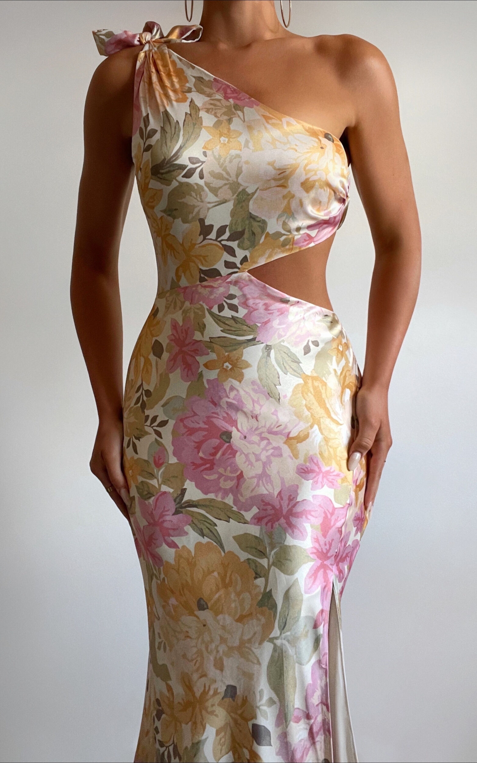 Glaucus Midi Dress - One Shoulder Cut Out Dress in Elegant Rose - 06, MLT1