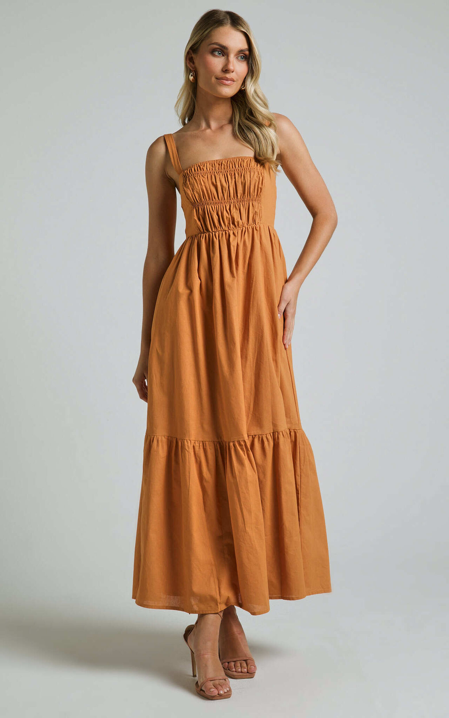 Mauree Maxi Dress - Straight Sleveless Tiered  Dress in Caramel - 06, BRN1