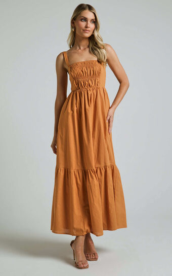 Mauree Maxi Dress - Straight Sleveless Tiered  Dress in Caramel