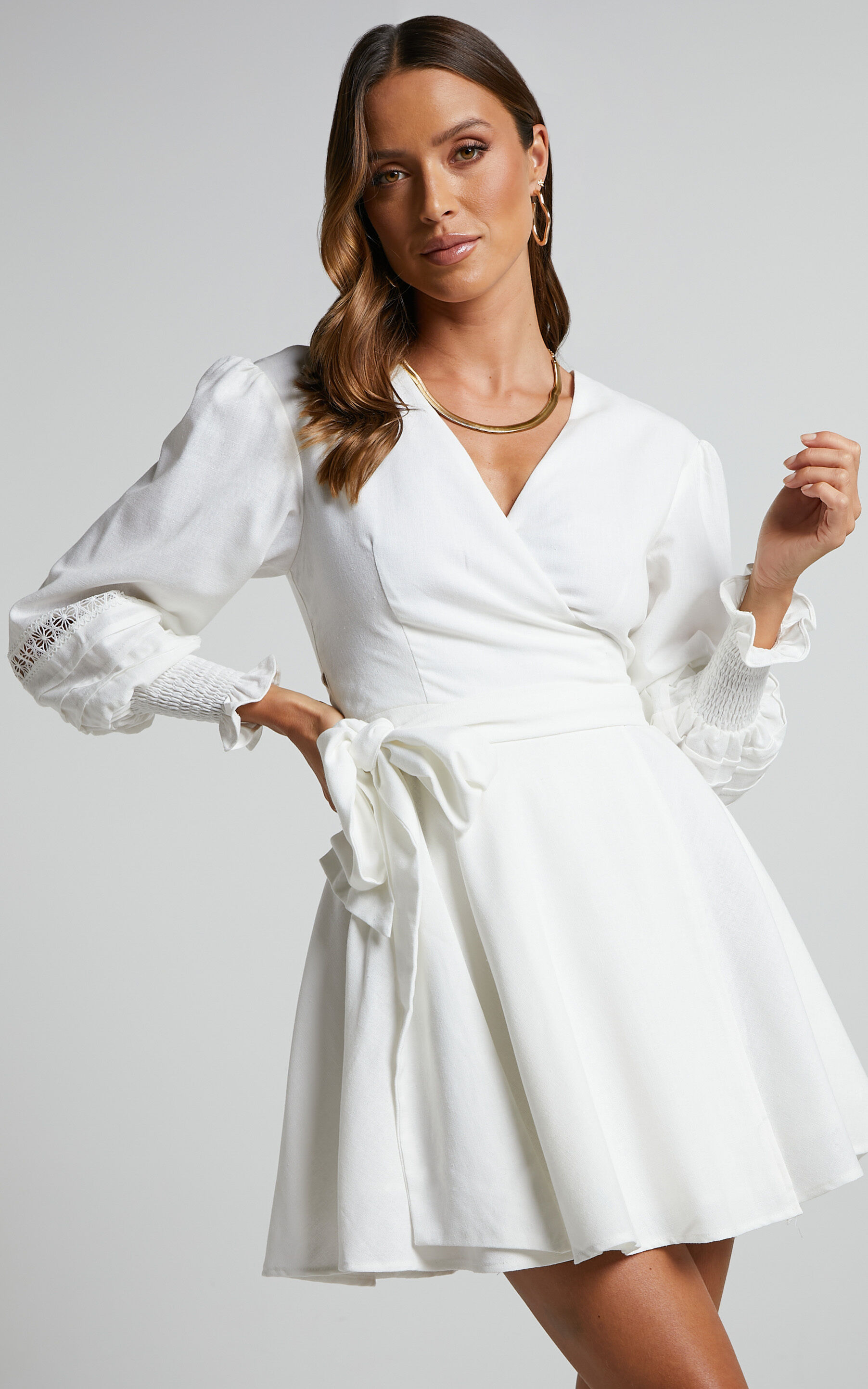 Vance pintuck blouson sleeve wrap mini dress in White - 16, WHT1, super-hi-res image number null