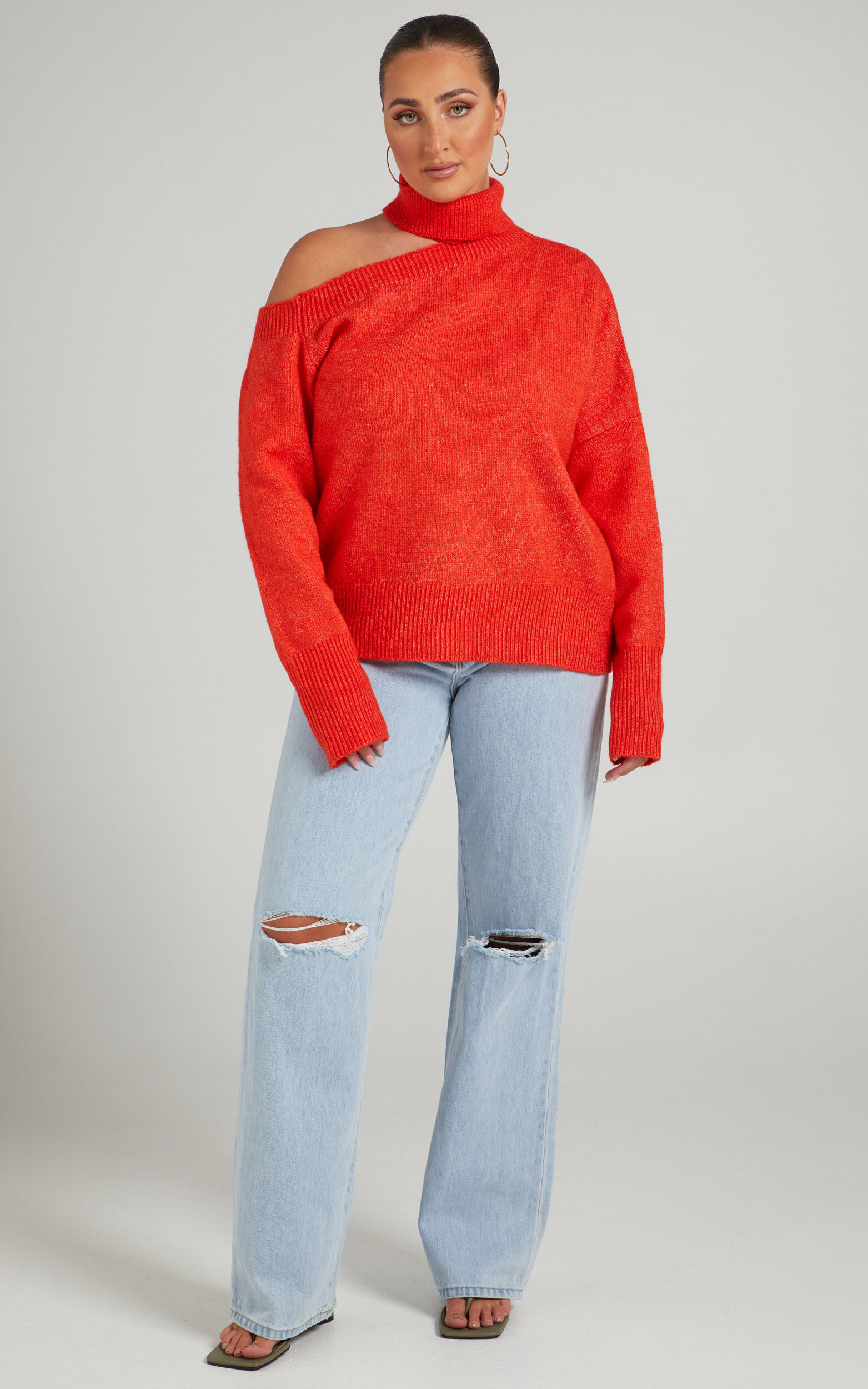 Ceila Knit Top with Shoulder Cut Out in Orange - 06, ORG2, super-hi-res image number null