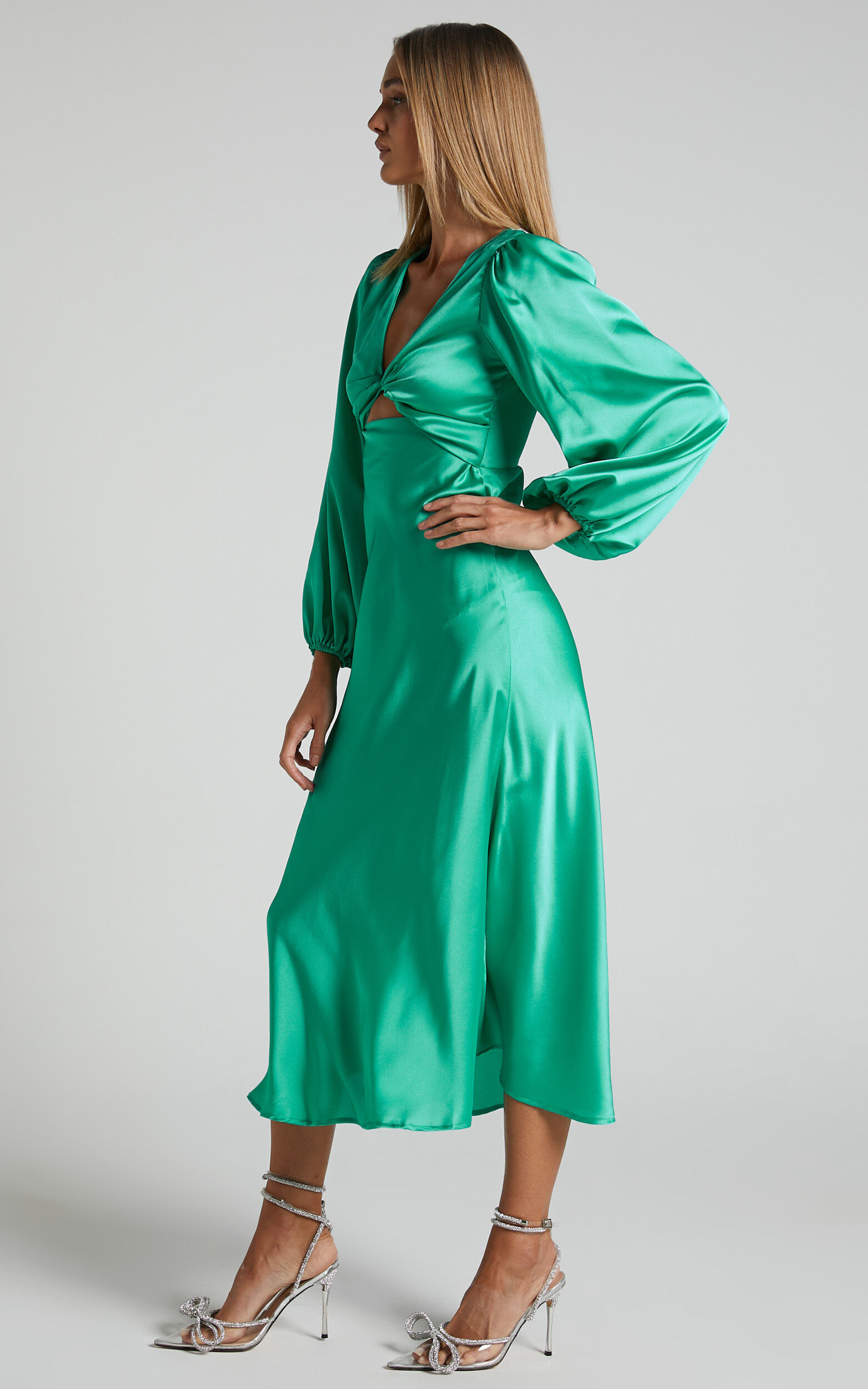 Cosmina Midi Dress - Twist Cut Out Long Sleeve Satin Dress in Mint ...