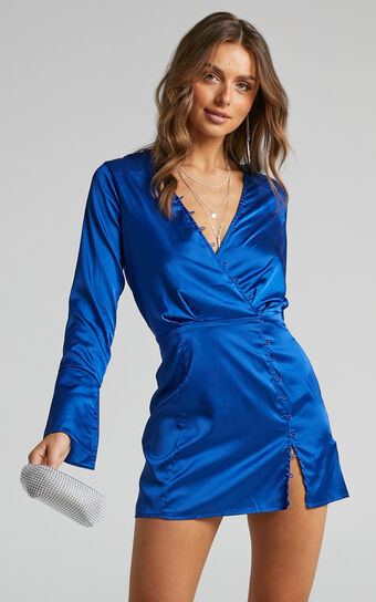 Duane Button Detail Long Sleeve Satin Mini Dress in Blue