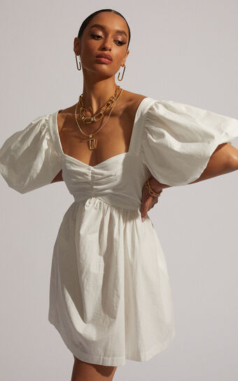Vashti Mini Dress - Puff Sleeve Sweetheart Dress in Off White