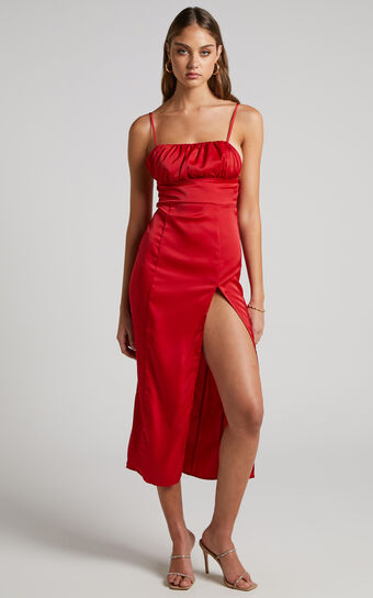Wallace Midi Dress - Ruched Bust Thigh Split Dress in Red