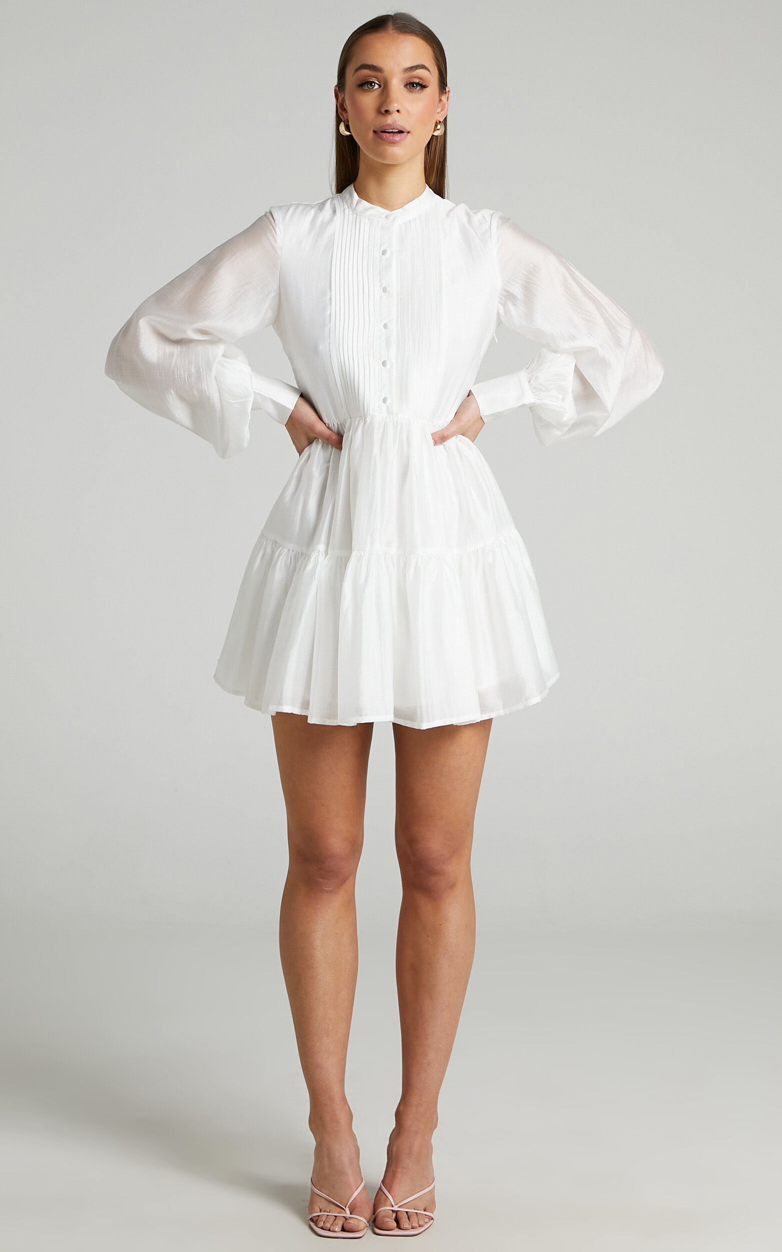 Kyra Mini Dress - Pin Tuck Detail Tiered Shirt Dress in Off White - 06, WHT3