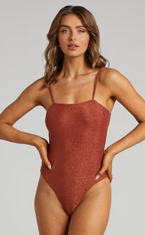 Marley Tie Back Square Neck One Piece in Rust Lurex