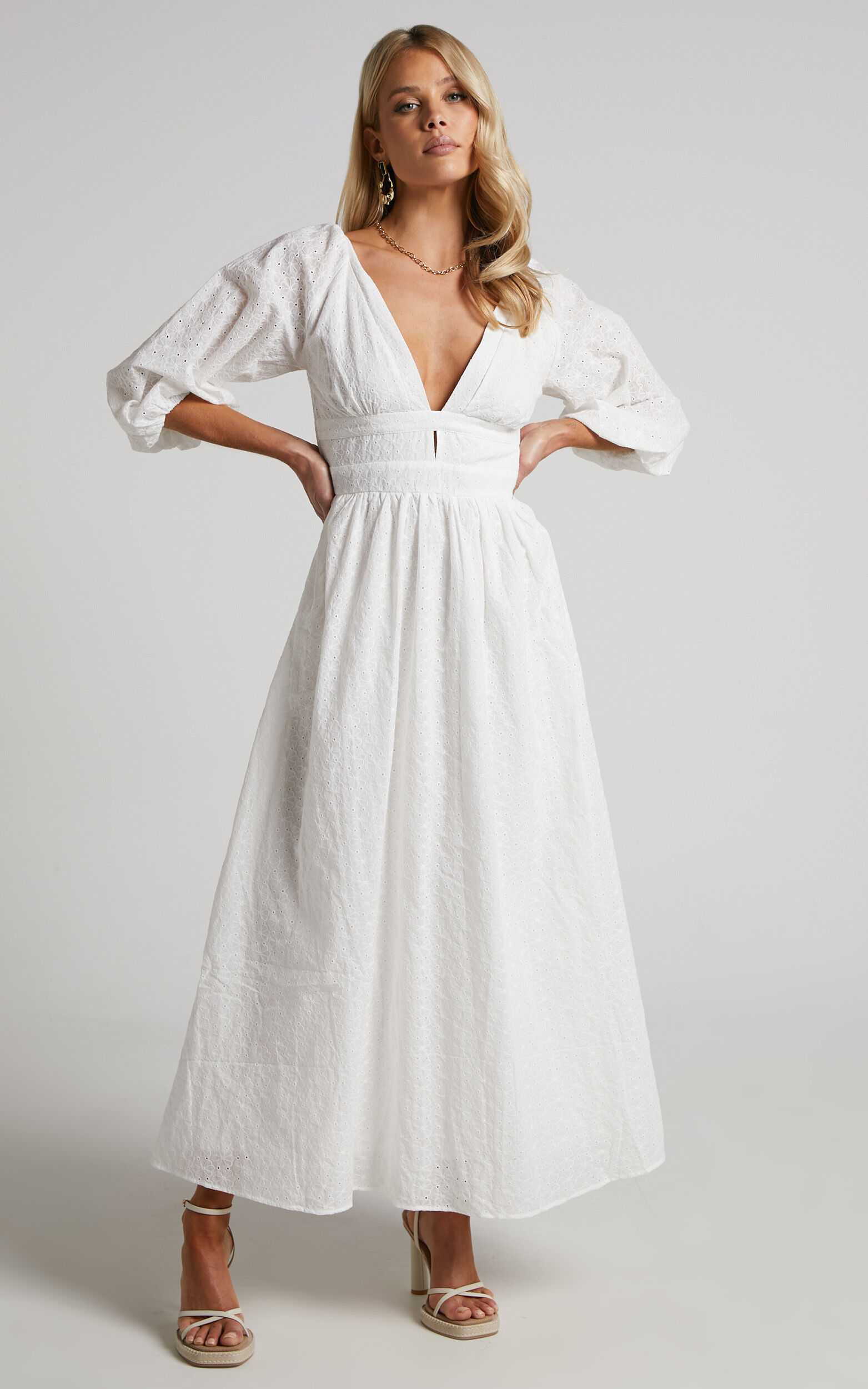 Philippa Plunge Neck Long Sleeve Broderie Maxi Dress in White Broderie Anglaise - 06, WHT1, super-hi-res image number null