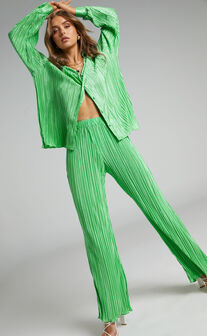 Beca Pants - High Waisted Plisse Flared Pants in Bright Green