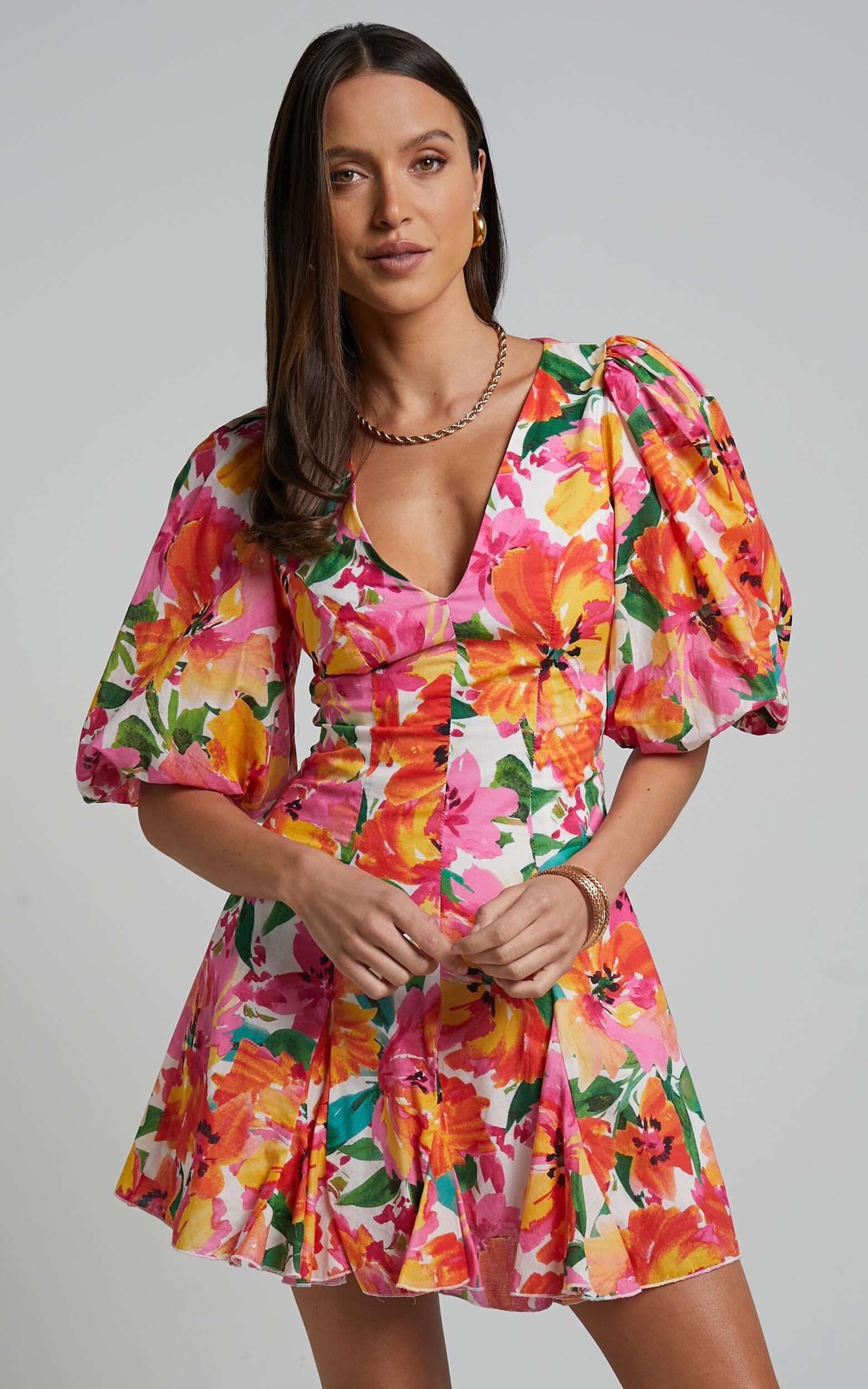 Shairah Mini Dress - V Neck Puff Sleeve Flutter Hem Dress in In Bloom - 04, MLT1