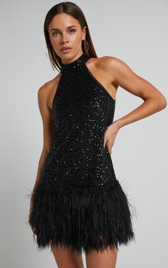 Malisha High Neck Faux Feather Mini Dress in Black
