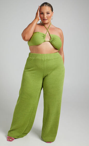 Juliann Knit Two Piece Pant Set with Crop Top in Green