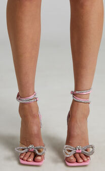 Public Desire - Glimmer Wrap Around Diamante Bow Square Toe Heels in Pink