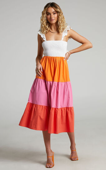 Eugenna Cotton Tiered Colour Block Midi Dress in Multi