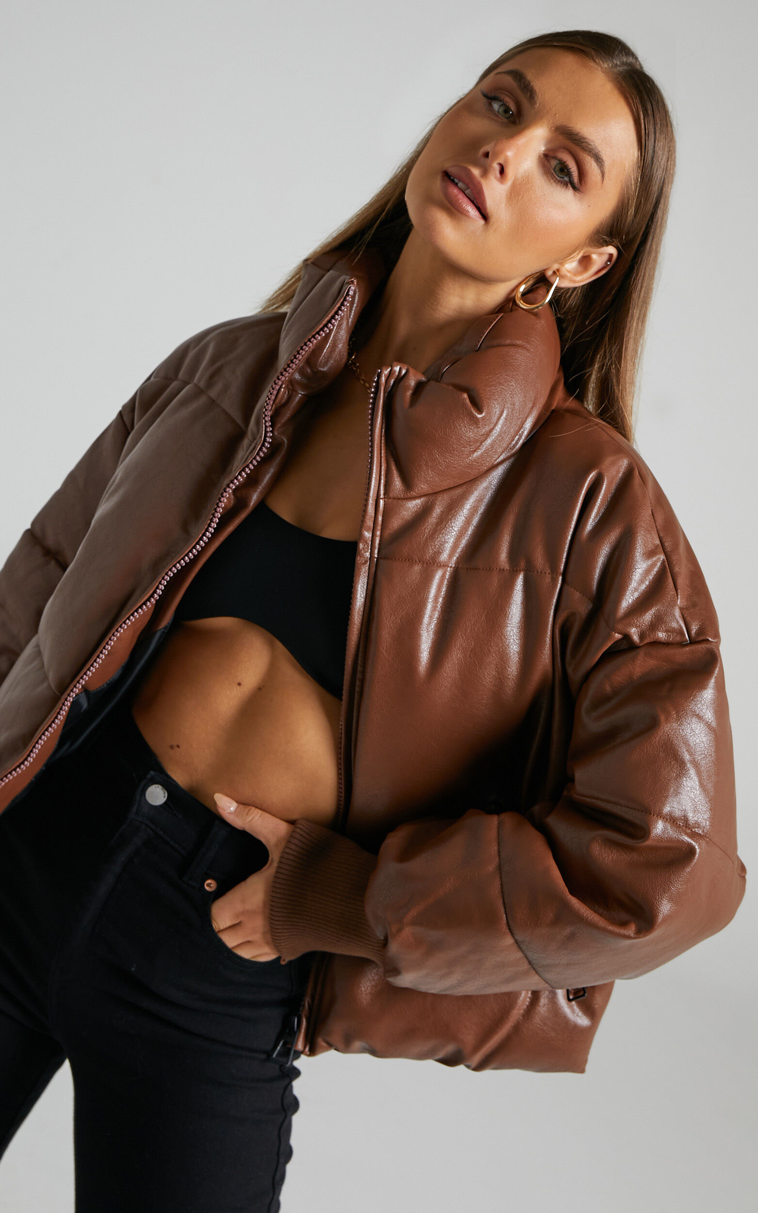 Lilibet Faux Leather Puffer Jacket in Chocolate - L, BRN1, super-hi-res image number null