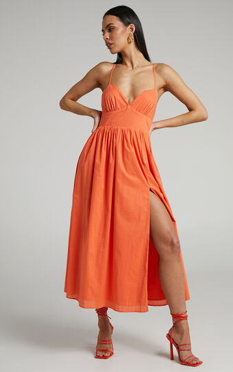 Shairah Midaxi Dress - Cross Back Gathered Sweetheart Dress in Orange