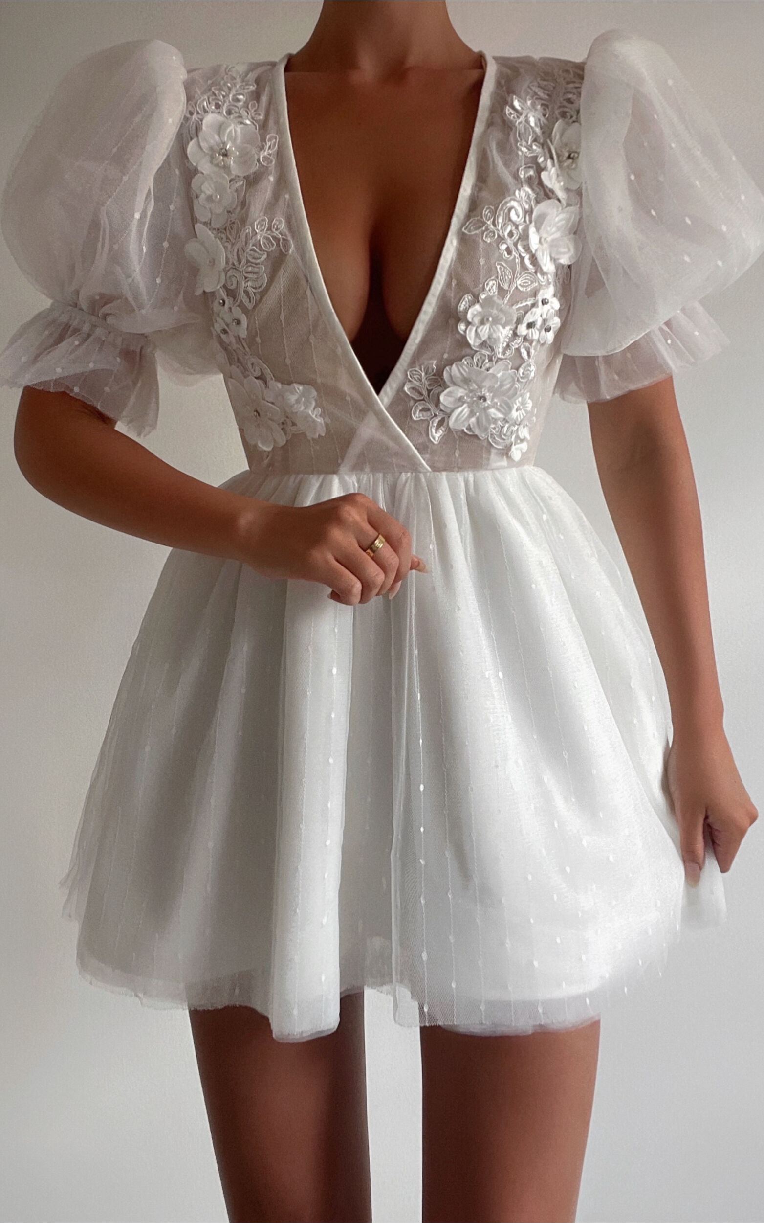 Akshia Mini Dress - Puff Sleeve Floral Detail Plunge Neck Dress in White - 04, WHT1
