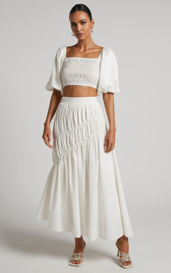 Elina Shirred Tierred Linen Maxi Skirt in White