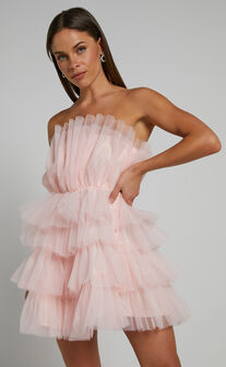 Allora Mini Dress - Tiered Tulle Fit and Flare Dress in Pale Pink