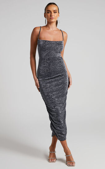 Roma Ruched Cowl Neck Midi Dress in Silver