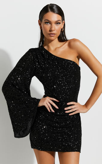 Malisha One shoulder Flare Sleeve Mini Dress in Black Sequin