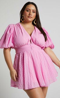 Xandy Mini Dress - Textured Puff Sleeve Plunge Dress in Pink